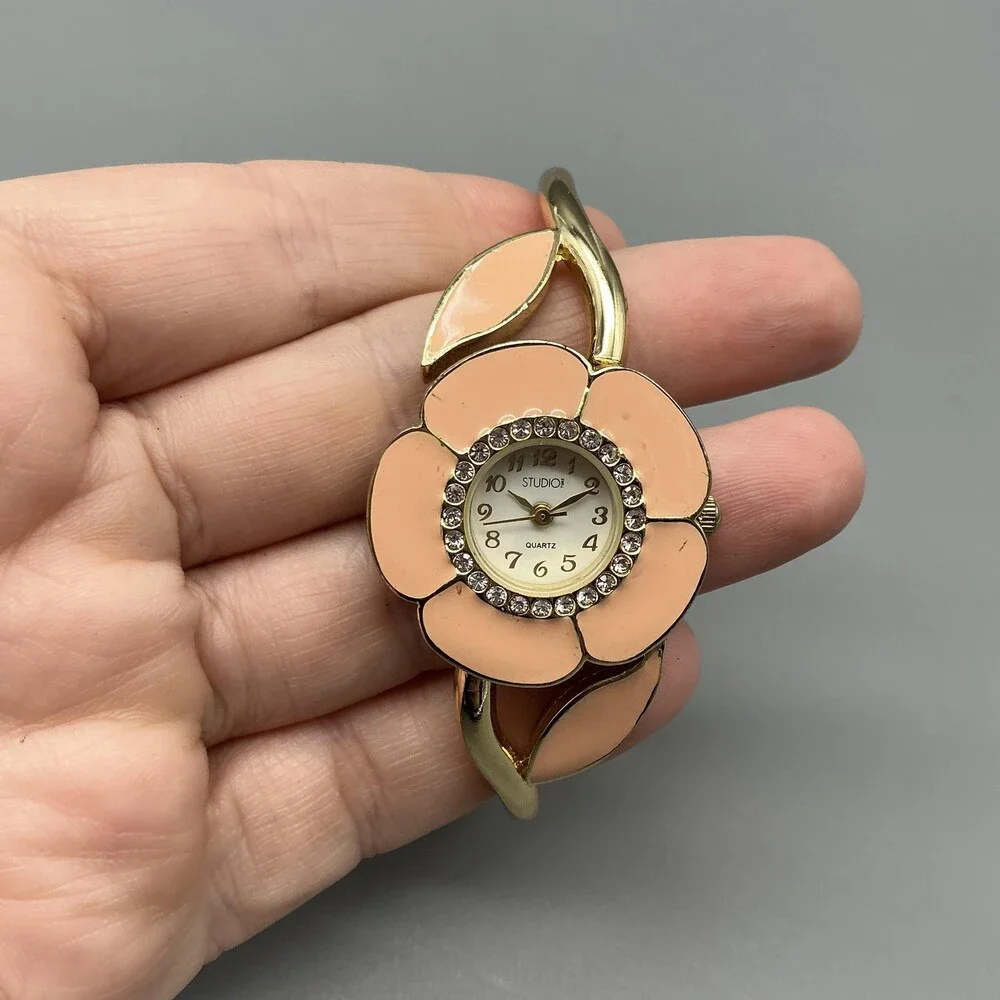 Studio Time Womens Watch 29mm Pink Flower Crystals Hinged Bangle New Batt
